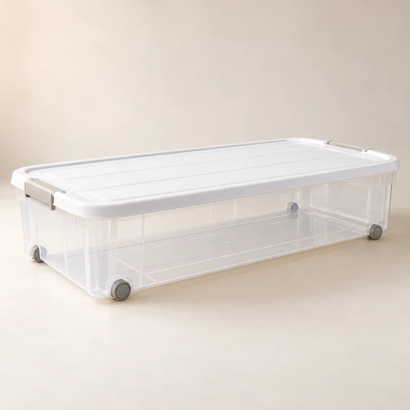 AI-generated unbranded storage bin concept; not the actual Sterilite 60 Qt. ClearView Wheeled Underbed Box